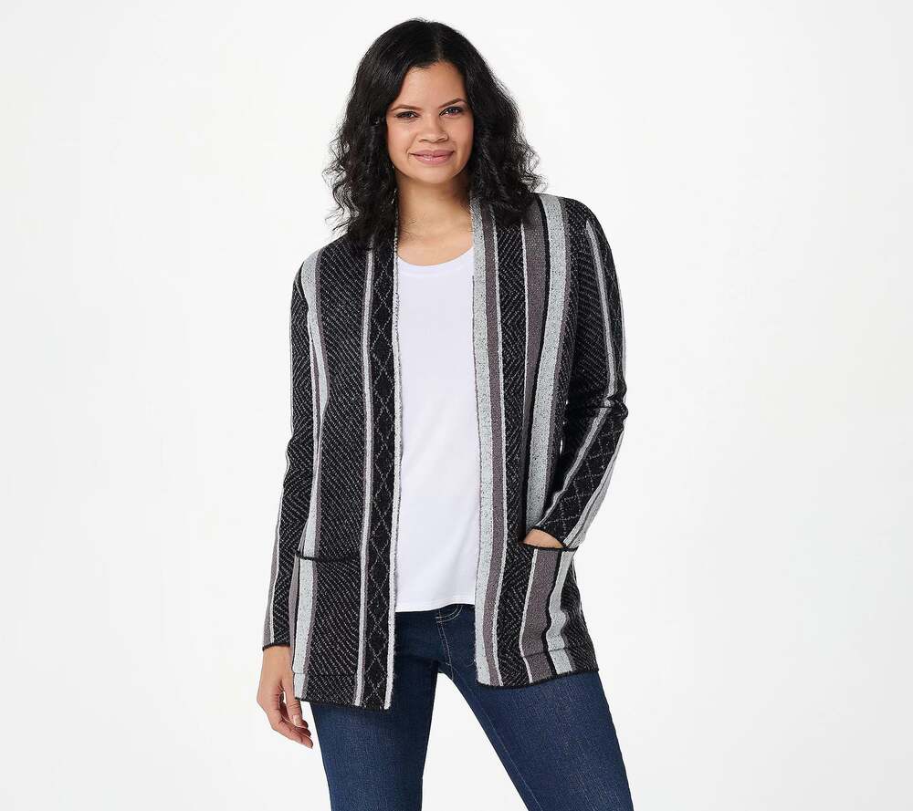 Denim&Co Striped Jacquard Open Front Cardigan Black Size XS New